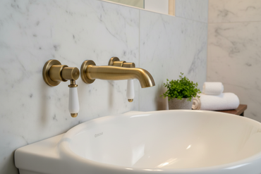 Downton wall-mount basin mixer tap 3 hole with white ceramic levers - antique brass