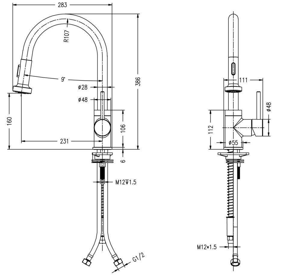 Marlow pull out kitchen sink mixer - chrome dimensions diagram