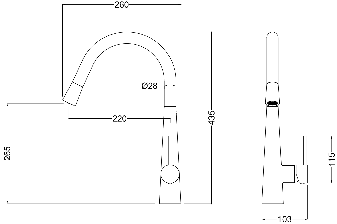 Marlow pull out kitchen sink mixer - chrome dimensions diagram
