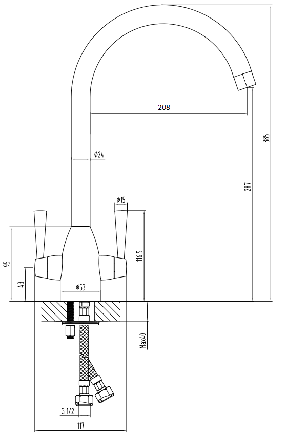 Marlow kitchen sink mixer - brushed brass dimensions diagram