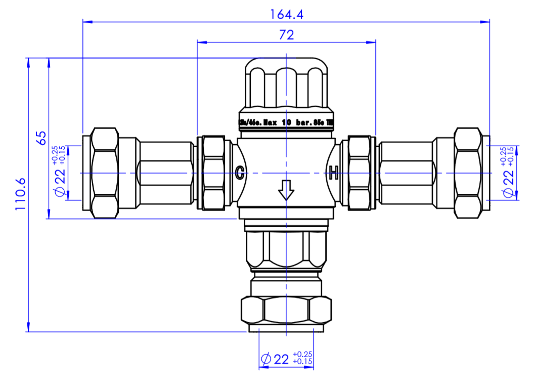 Thermostatic mixing valve - DN22 - chrome dimensions diagram