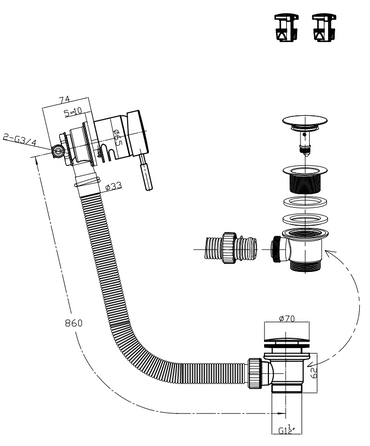 Black Matt Bath Filler Mixer with Spring Waste & Overflow - Matt Black dimensions diagram
