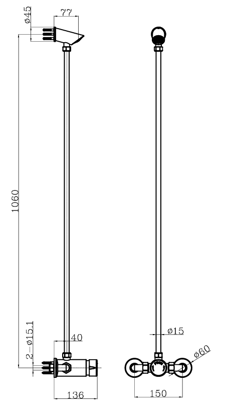 Tenor exposed non concussive shower mixer - chrome dimensions diagram