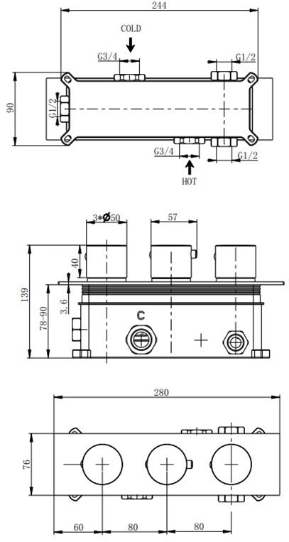 Colton three outlet concealed thermostatic mixer valve - chrome dimensions diagram
