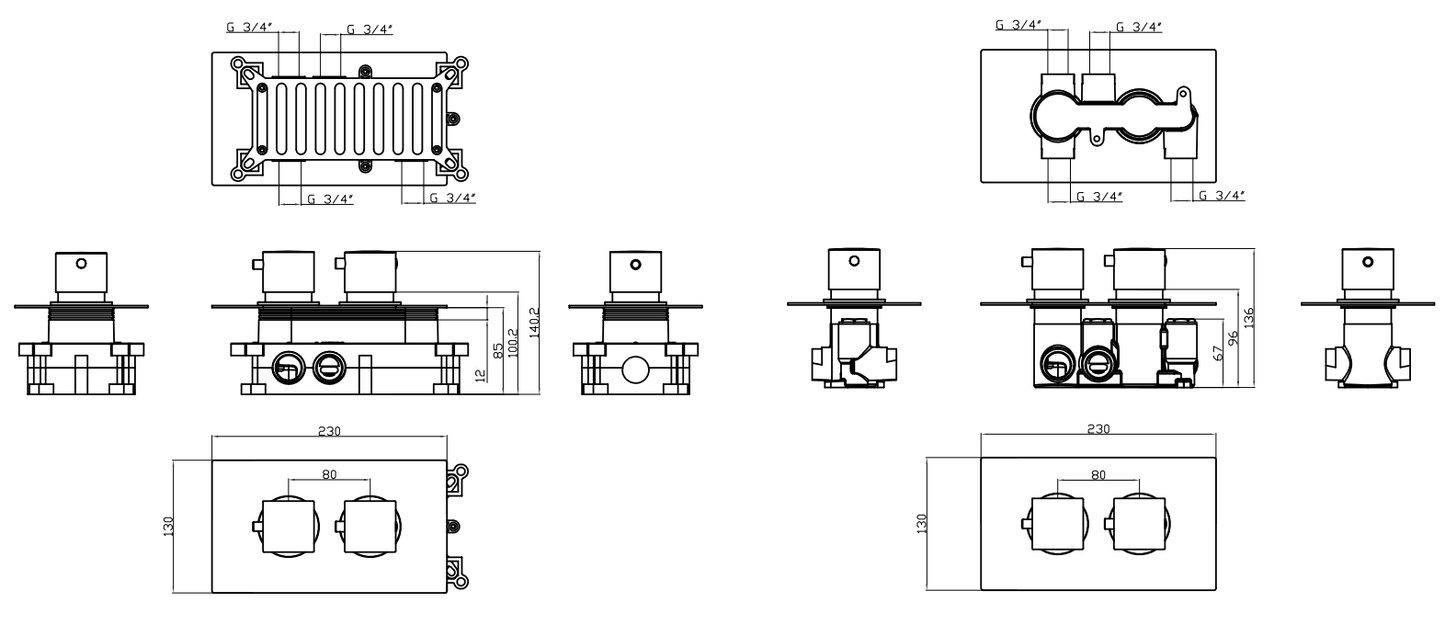Corran two outlet concealed thermostatic mixer valve - brushed brass dimensions diagram