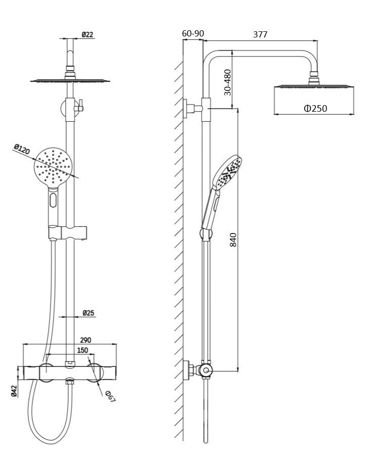 Vasto cool touch thermostatic shower mixer system - matt black dimensions diagram
