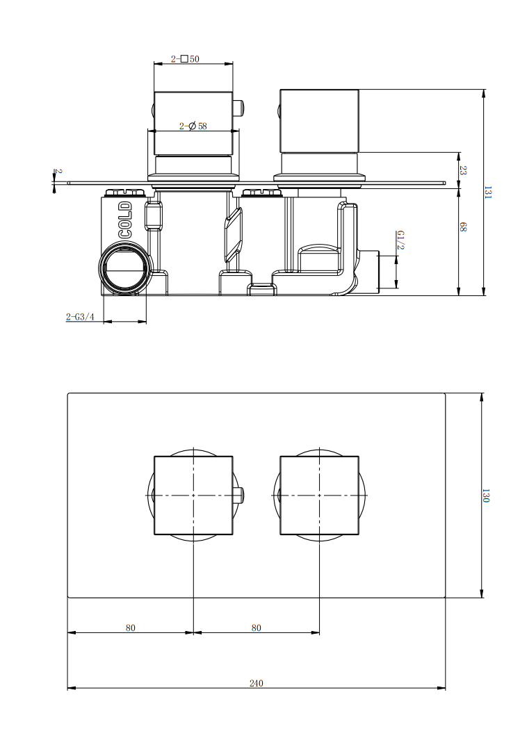Brancaster Thermo Conc Shower Valve SQ 2 - Brushed Brass dimensions diagram