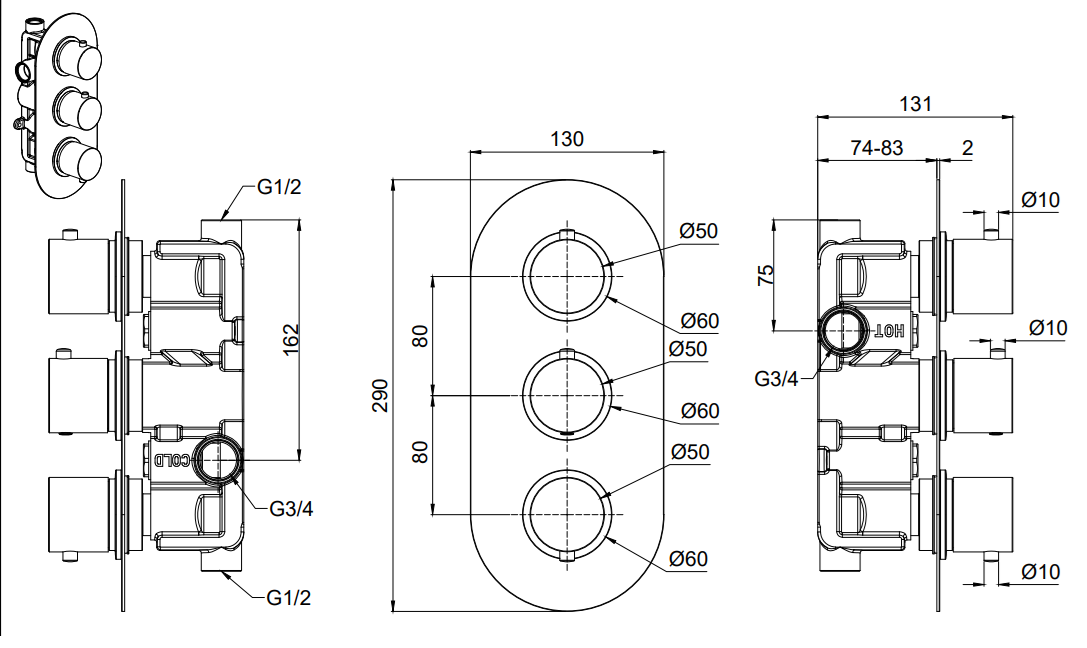 Brancaster Thermo Conc Shower Valve RD 3 - Gunmetal Grey dimensions diagram