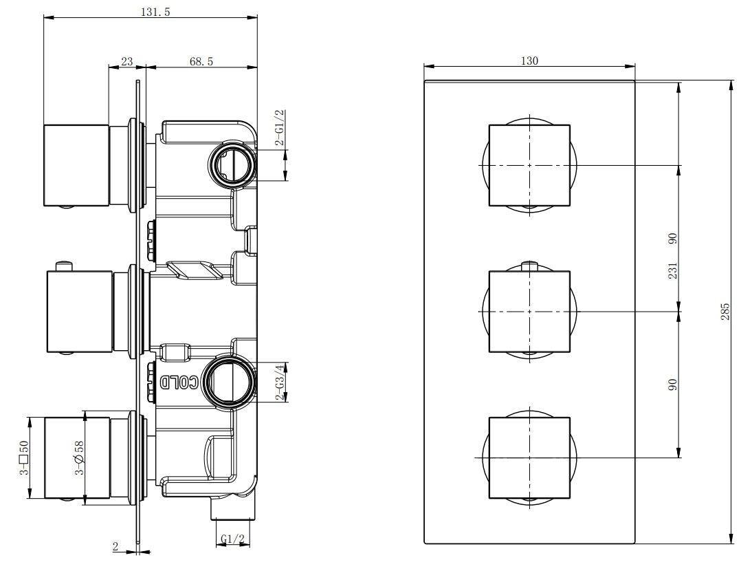 Brancaster Thermo Conc Shower Valve SQ 3 - Brushed Brass dimensions diagram