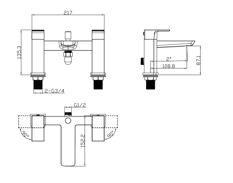 Harwich Deck Mounted Bath Shower Mixer - Brushed Bronze dimensions diagram