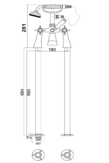 Kelmscott Bath Shower Mixer - Chrome dimensions diagram