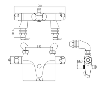 Malton Deck Mounted Thermostatic Bath Shower Mixer - Matt Black dimensions diagram