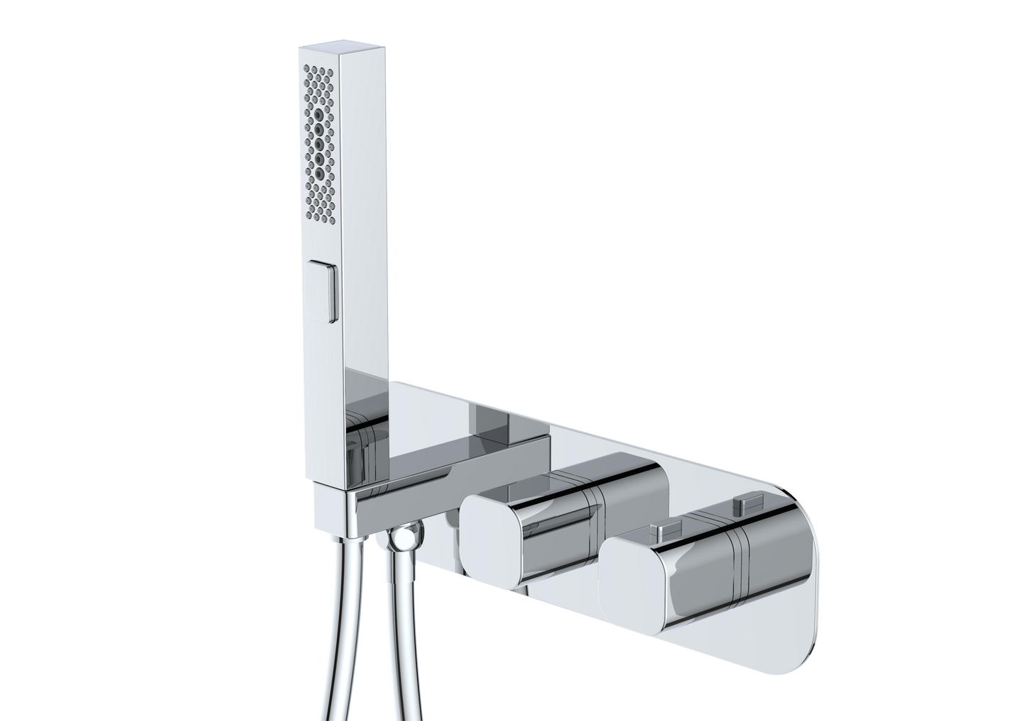 A modern wall-mounted chrome shower fixture with a rectangular hand shower head, flexible hose, and dual lever controls, shown against a plain white background.