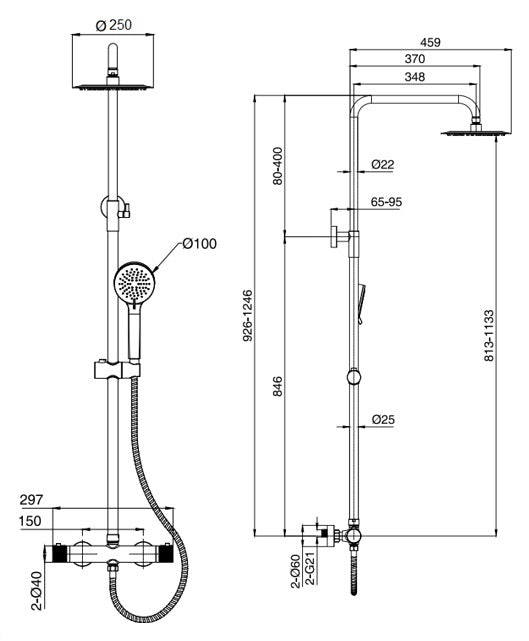 Quorndon Thermostatic Shower Mixer With Riser Rail - Chrome dimensions diagram
