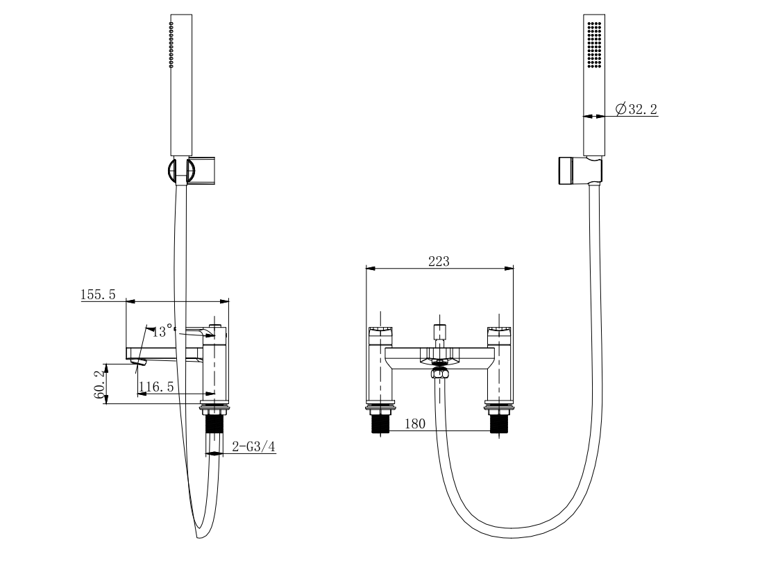 Ugley Deck mounted bath shower mixer - Chrome dimensions diagram
