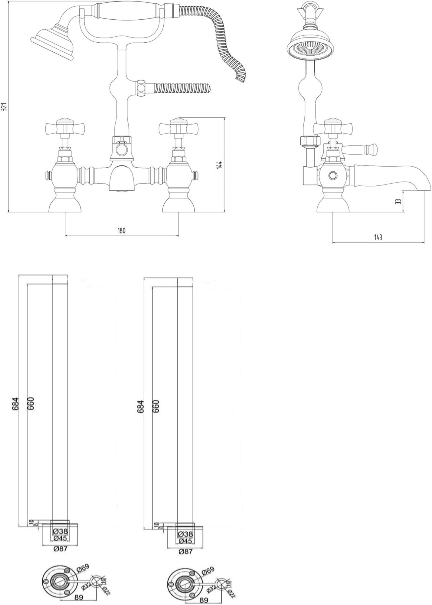 Wingfield Free-standing Bath Shower Mixer-data sheet 2020 - Chrome dimensions diagram