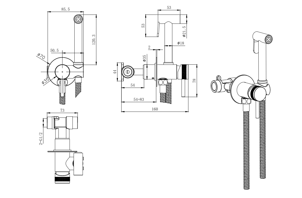 Shattaf Douche Mixer Set - Chrome dimensions diagram