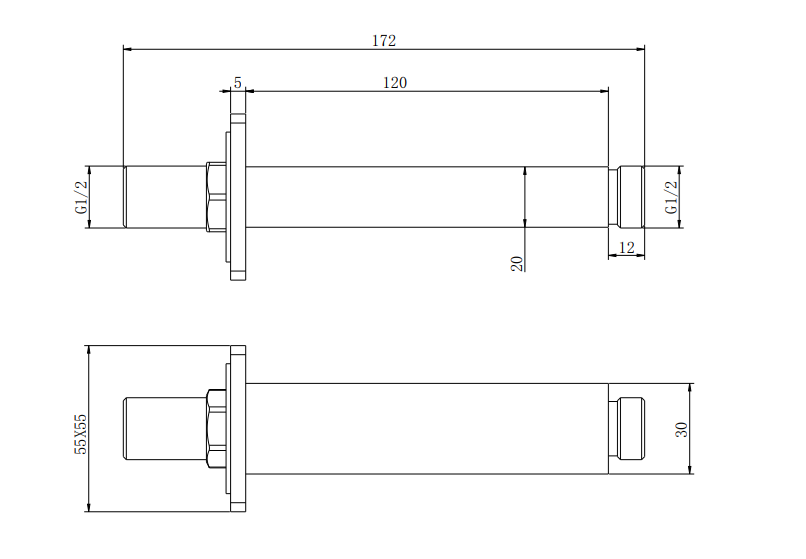120mm Rectangular Celing Arm - Brushed Gold dimensions diagram