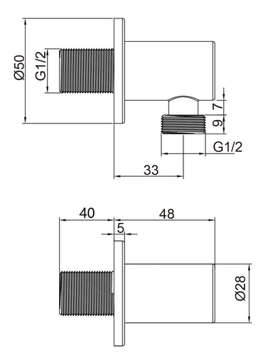 Round Wall Outlet Elbow - Brushed Gold dimensions diagram