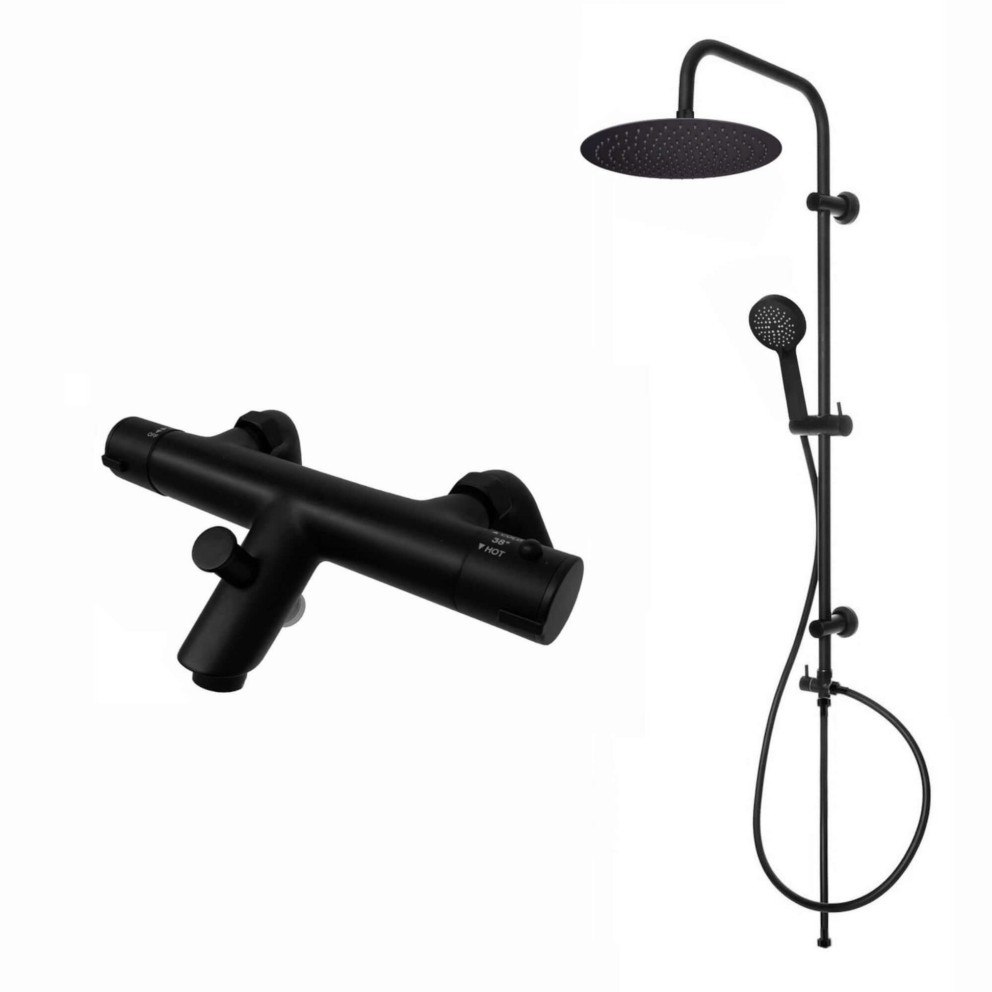 Dune thermostatic bar bath shower mixer valve with dual rigid riser kit, 300mm overhead rain shower and handheld - matte black - Showers