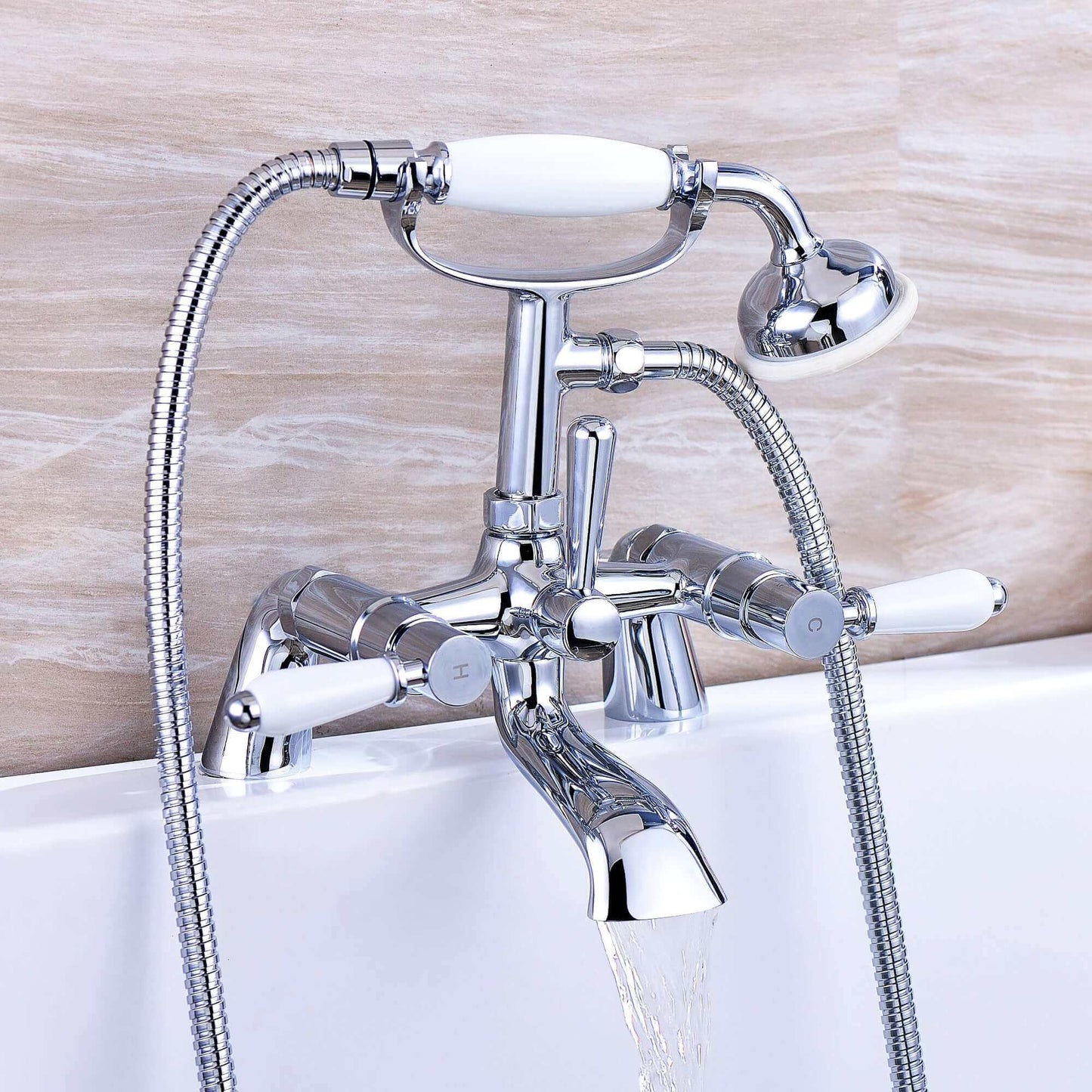 Buy Downton bath shower mixer tap with white ceramic levers - chrome Online UK | HOUSE OF ENKI