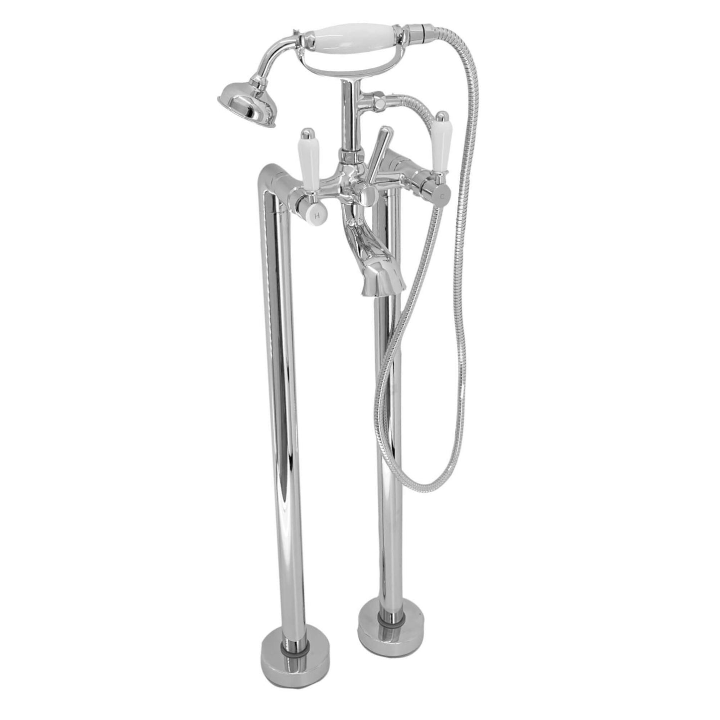 Buy Downton floorstanding bath shower mixer tap with white ceramic levers - chrome Online UK | HOUSE OF ENKI