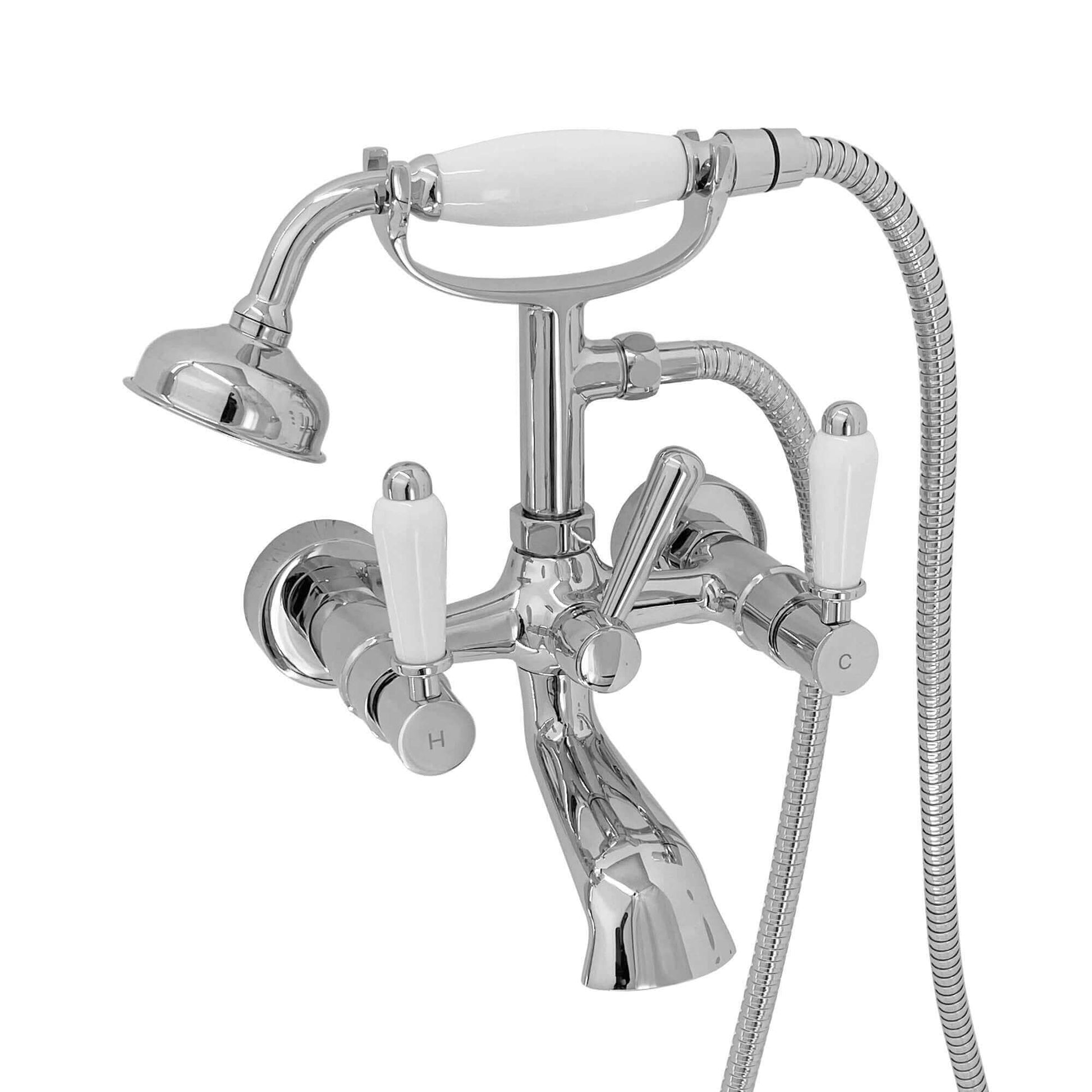 Buy Downton wall mounted bath shower mixer tap with white ceramic levers - chrome Online UK | HOUSE OF ENKI