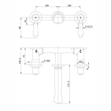 Buy Downton wall-mount basin tap 3 hole with white ceramic levers - gold Online UK | HOUSE OF ENKI