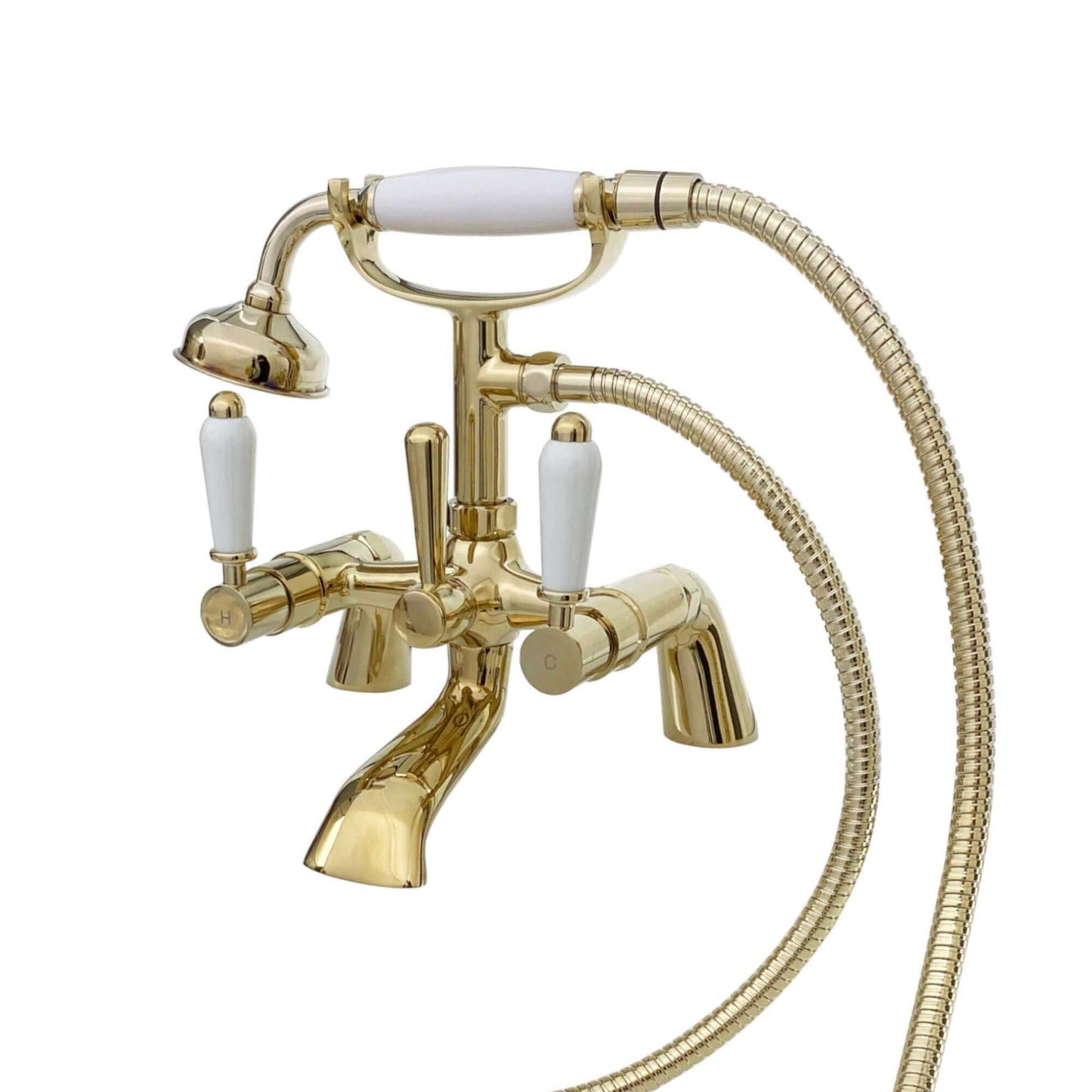 Buy Downton bath shower mixer tap with white ceramic levers - gold Online UK | HOUSE OF ENKI