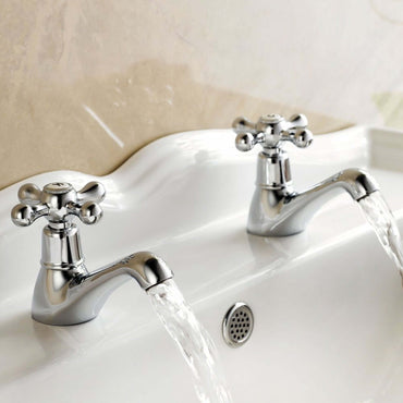 Buy Beaumont twin hot & cold basin victorian crosshead pillar taps - chrome Online UK | HOUSE OF ENKI