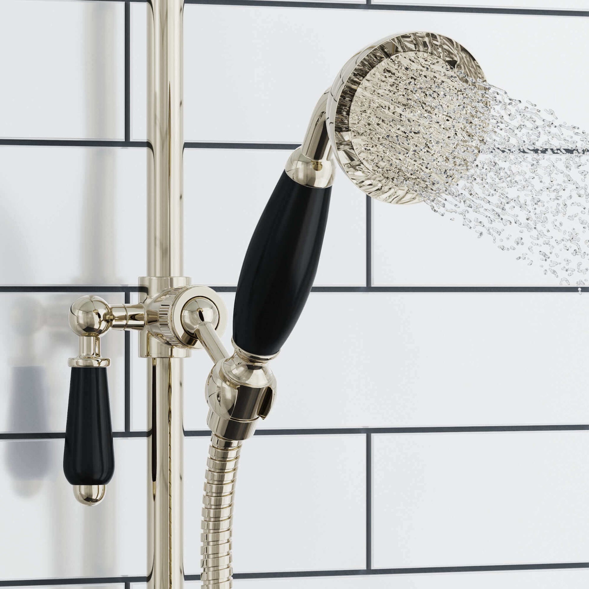 Buy Traditional Handheld Shower Head and Hose Kit Brass with Black Ceramic Details - Gold Online UK | HOUSE OF ENKI