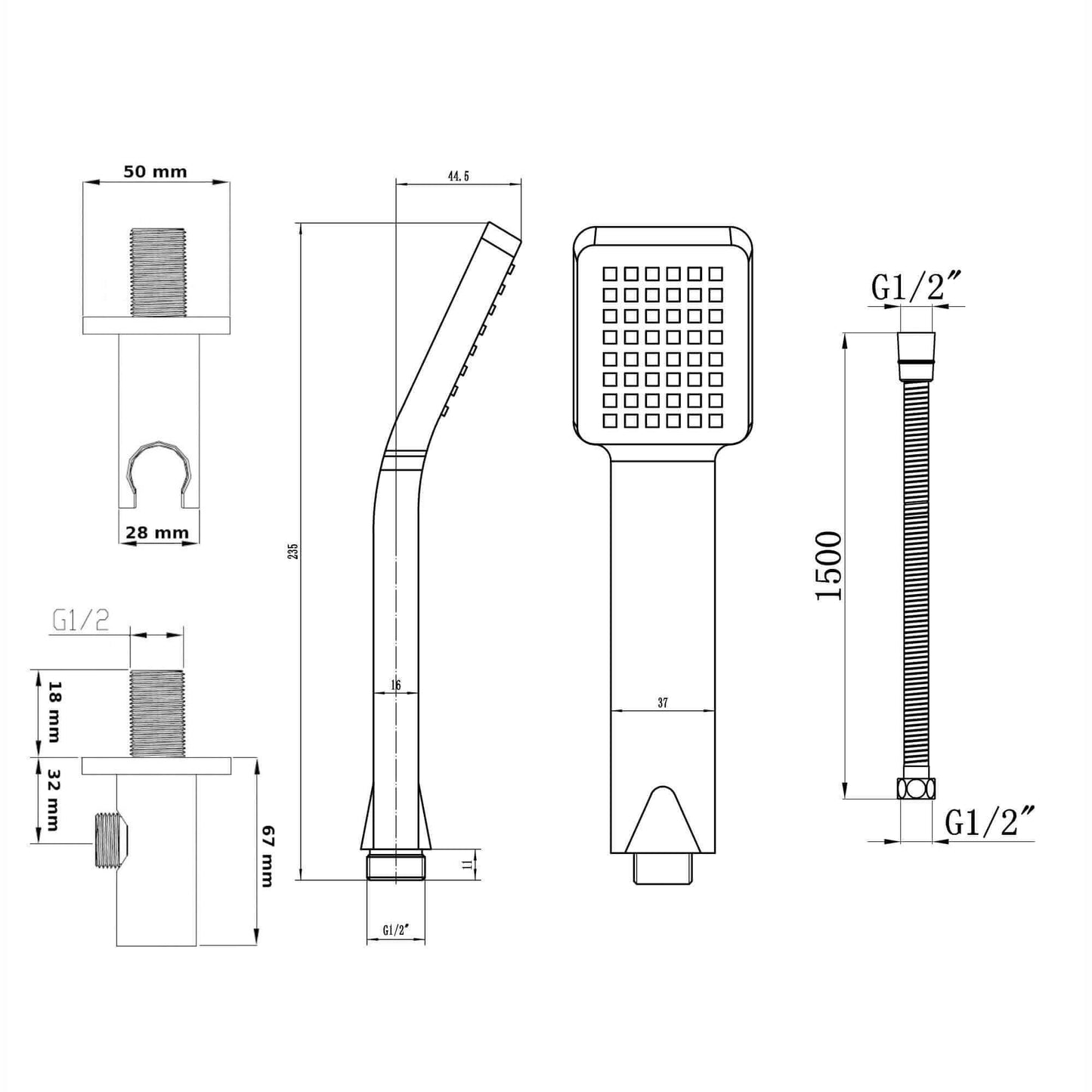 Buy Square Paddle Hand Shower Kit incl. Hose and Wall Bracket with Outlet - Chrome online UK