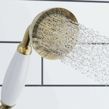 Buy Traditional Brass & White Ceramic Hand Shower Kit Incl. Hose And Wall Bracket With Outlet - Antique Brass Online UK | HOUSE OF ENKI