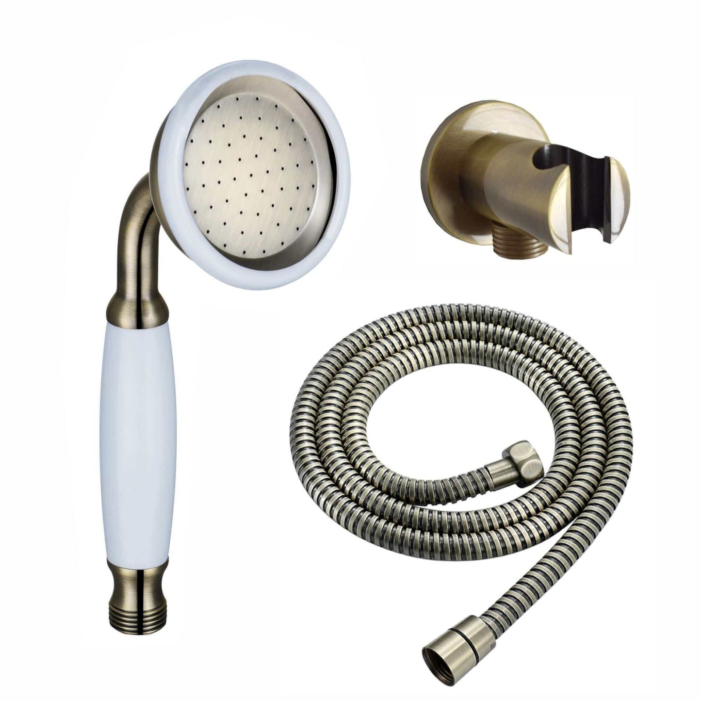 Buy Traditional Brass & White Ceramic Hand Shower Kit Incl. Hose And Wall Bracket With Outlet - Antique Brass Online UK | HOUSE OF ENKI
