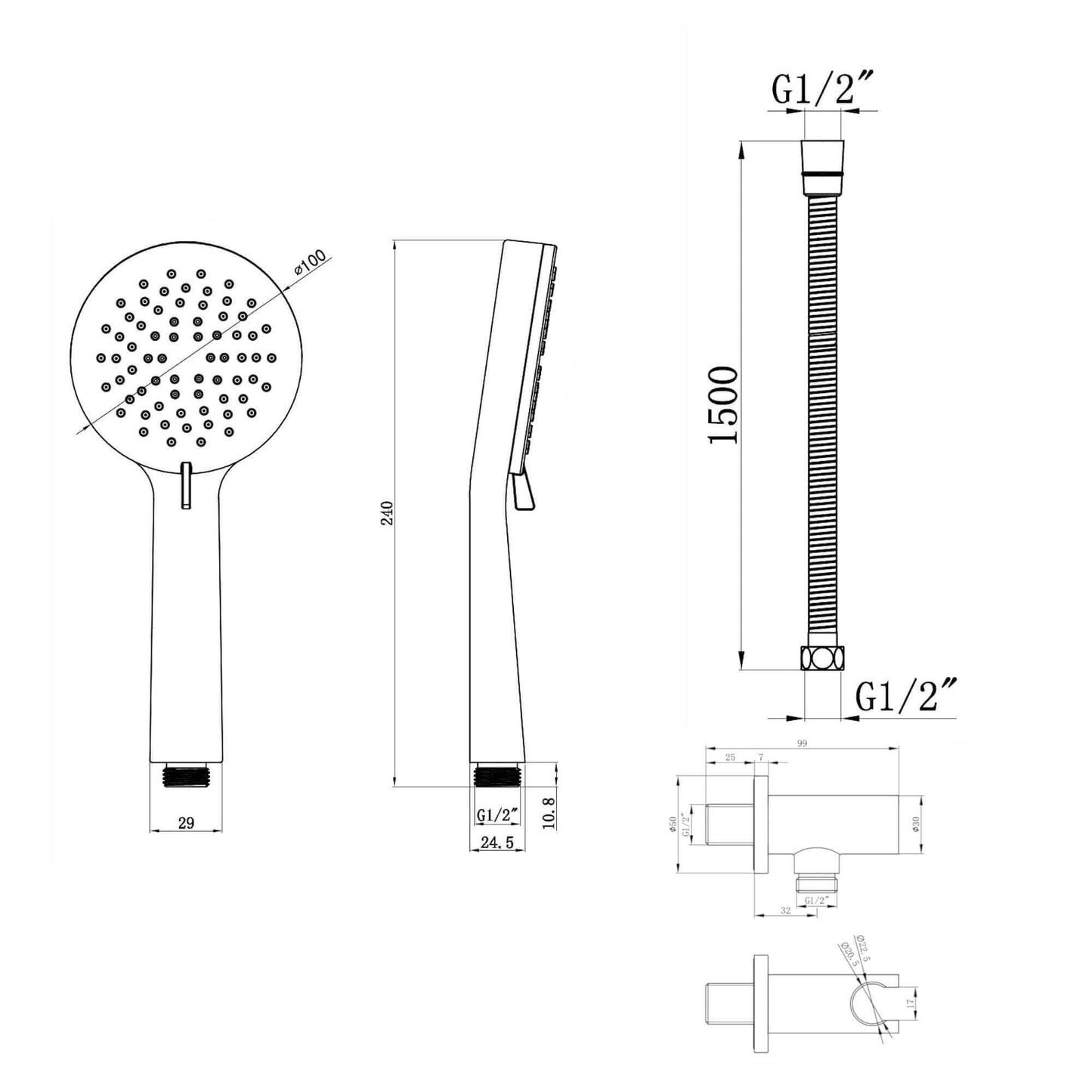 Buy Contemporary 3 Function Hand Shower Kit Incl. Hose And Wall Bracket With Outlet - Chrome Online UK | HOUSE OF ENKI