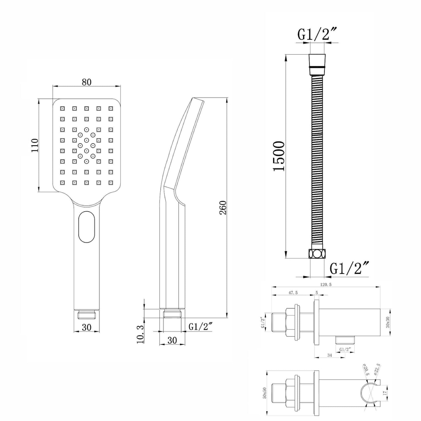 Buy Contemporary Square 3 Function Hand Shower Kit Incl. Hose And Wall Bracket With Outlet - Chrome Online UK | HOUSE OF ENKI