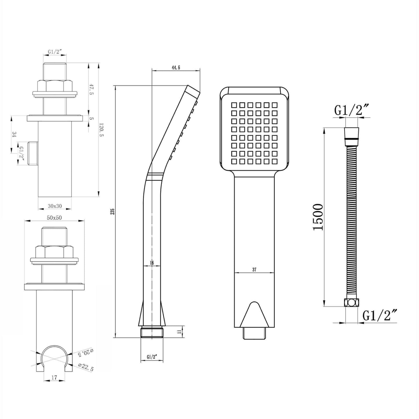 Buy Square Paddle Hand Shower Kit incl. Hose and Wall Bracket with Outlet - Black online UK