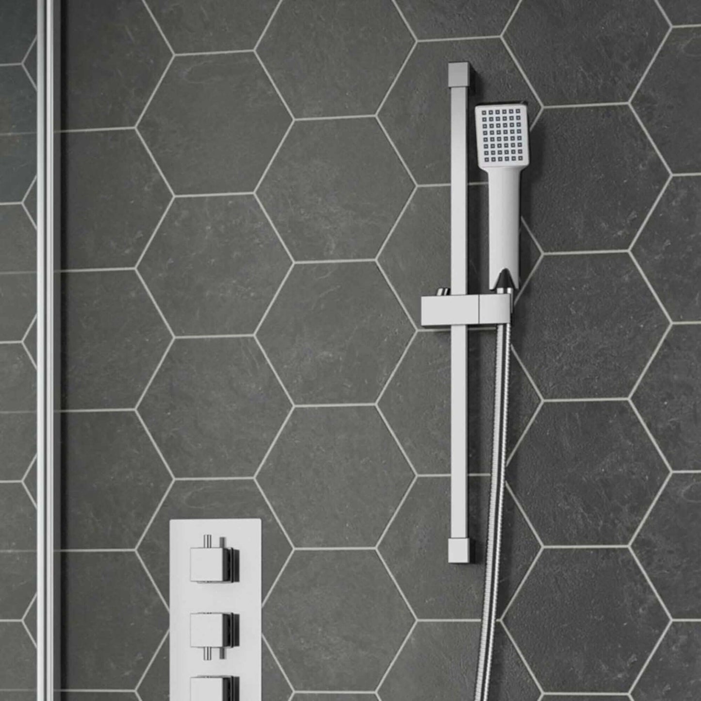 Buy Square design shower slider riser rail kit with handset, hose and wall elbow outlet - chrome Online UK | HOUSE OF ENKI