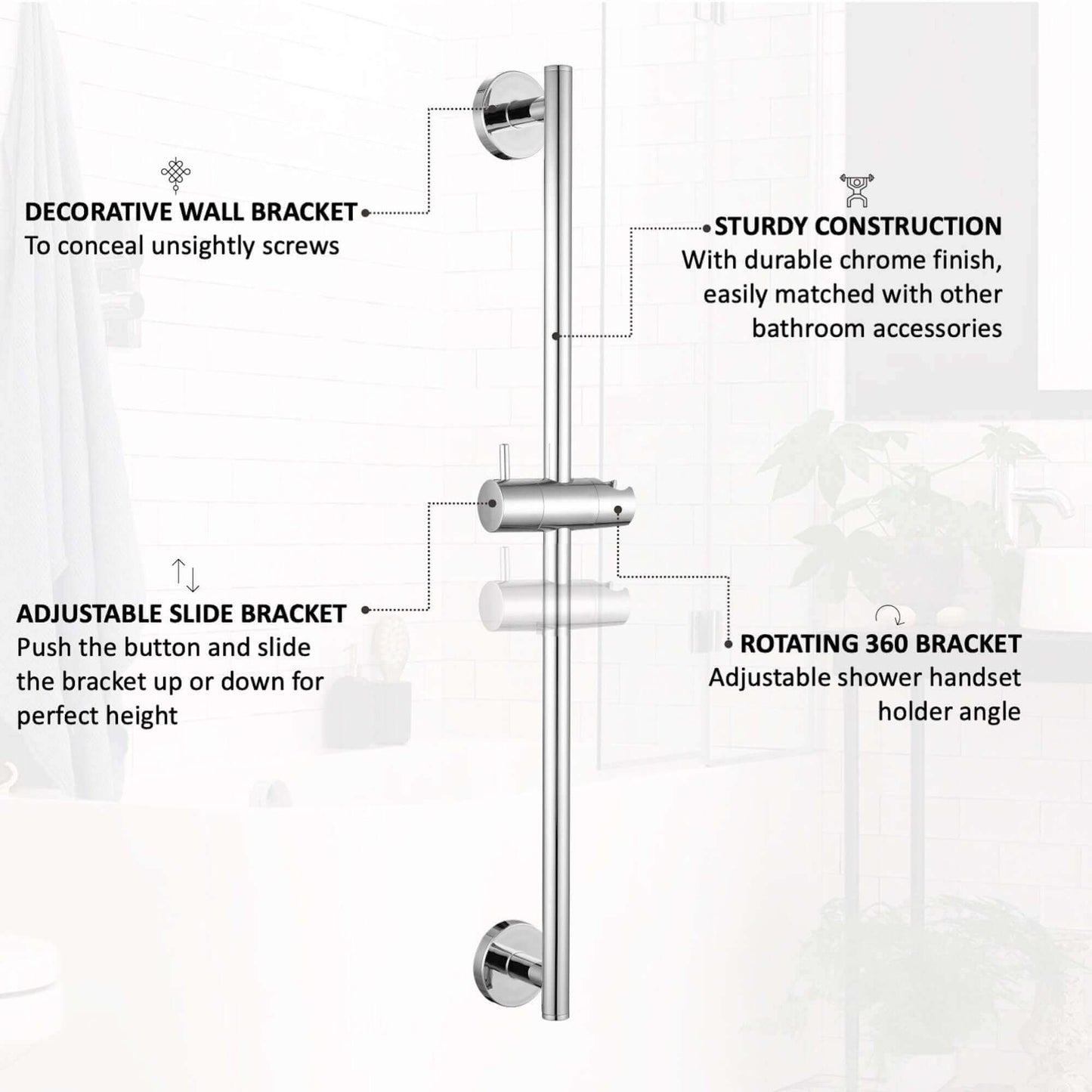 Buy Contemporary Shower Slider Riser Rail Kit With Pencil Shower Head, Hose and Wall Elbow - Chrome Online UK | HOUSE OF ENKI