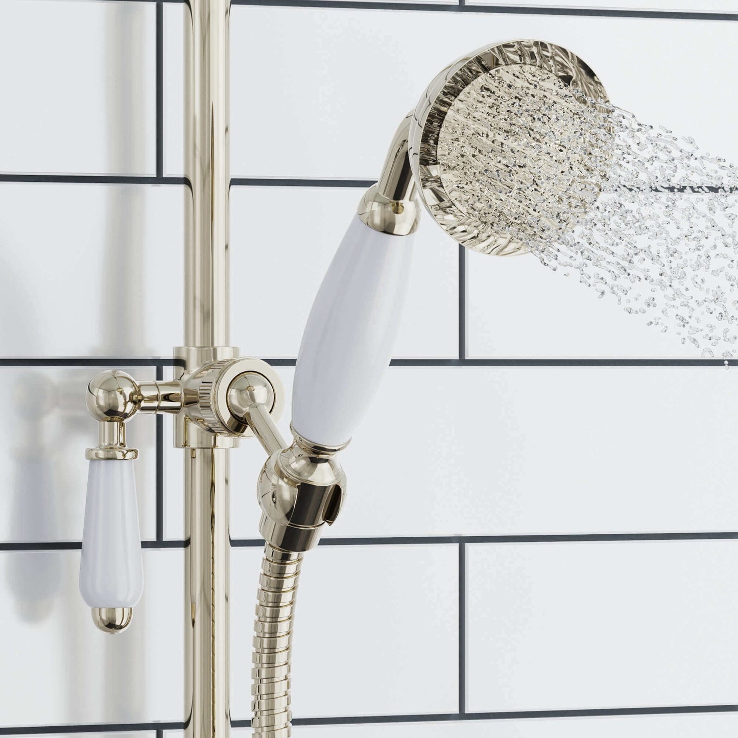 Buy Traditional Shower Slider Rail Kit Lever Design With Brass White Ceramic Handset, Hose And Wall Elbow Outlet - Gold Online UK | HOUSE OF ENKI