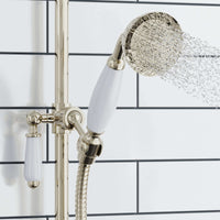 Traditional Shower Slider Rail Kit Lever Design With Brass White Ceramic Handset, Hose And Wall Elbow Outlet - English Gold - Showers