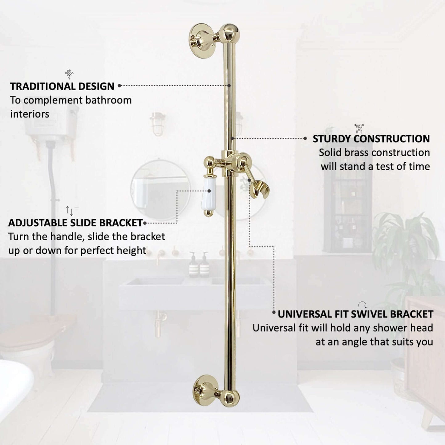 Buy Traditional Shower Slider Rail Kit Lever Design With Brass White Ceramic Handset, Hose And Wall Elbow Outlet - Gold Online UK | HOUSE OF ENKI