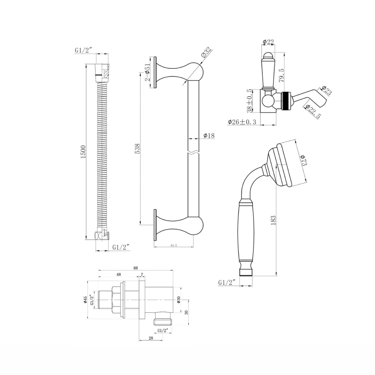 Buy Traditional Shower Slider Rail Kit Lever Design With Brass White Ceramic Handset, Hose And Wall Elbow Outlet - Gold Online UK | HOUSE OF ENKI