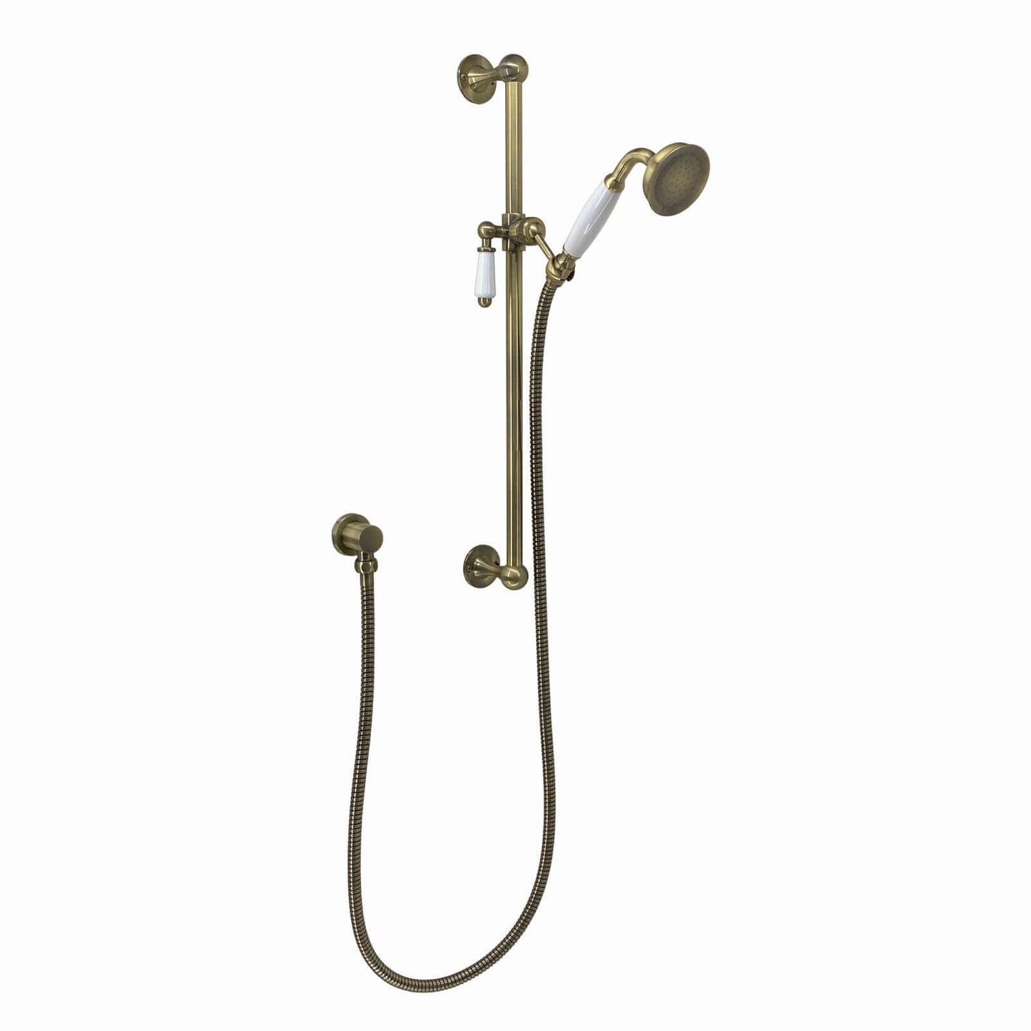 Buy Traditional Shower Slider Rail Kit Lever Design With Brass White Ceramic Handset, Hose And Wall Elbow Outlet - Antique Brass Online UK | HOUSE OF ENKI