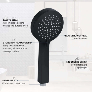 Buy Contemporary Shower Slider Riser Rail Kit With 3 Function Shower Head, Hose and Wall Elbow - Matt Black Online UK | HOUSE OF ENKI