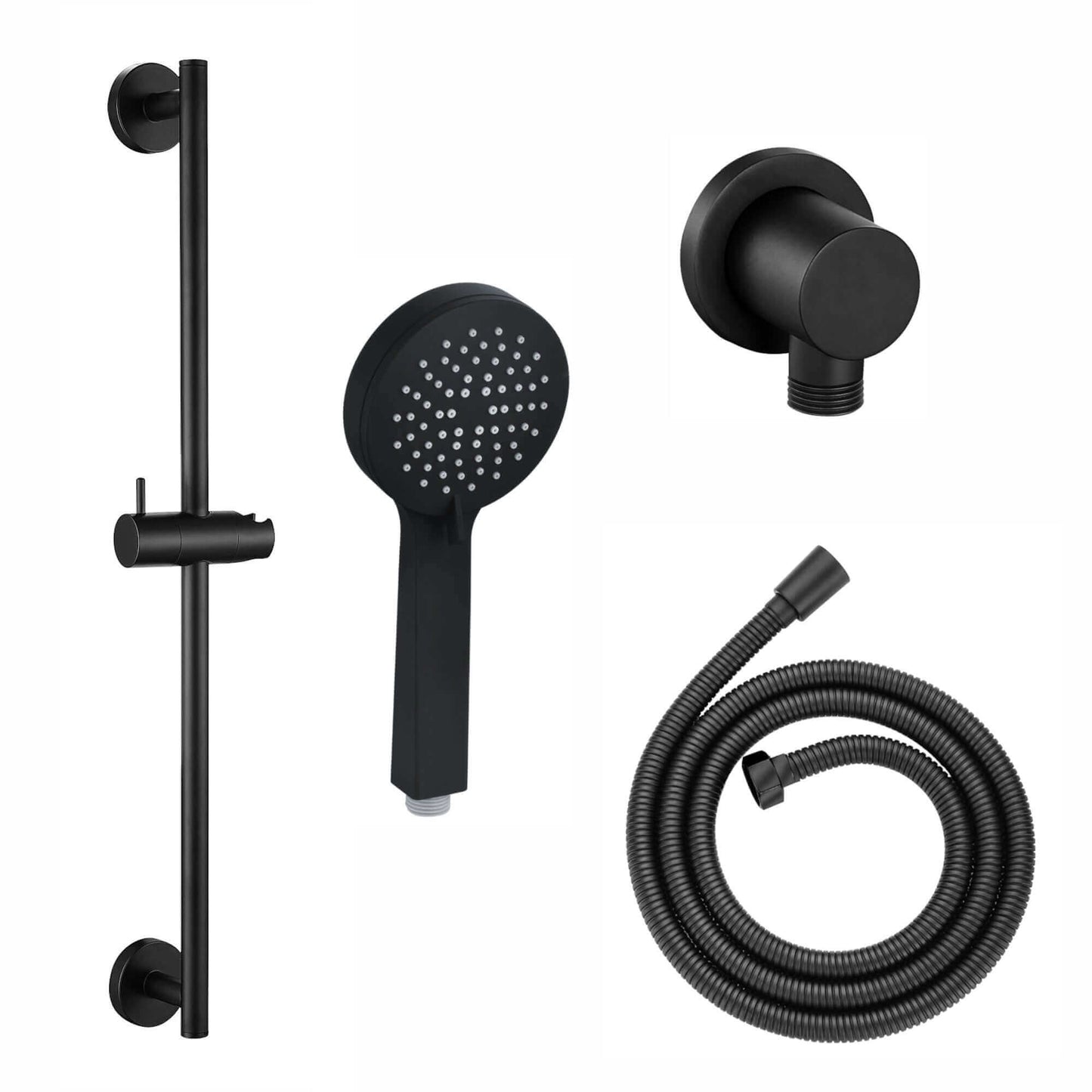 Buy Contemporary Shower Slider Riser Rail Kit With 3 Function Shower Head, Hose and Wall Elbow - Matt Black Online UK | HOUSE OF ENKI