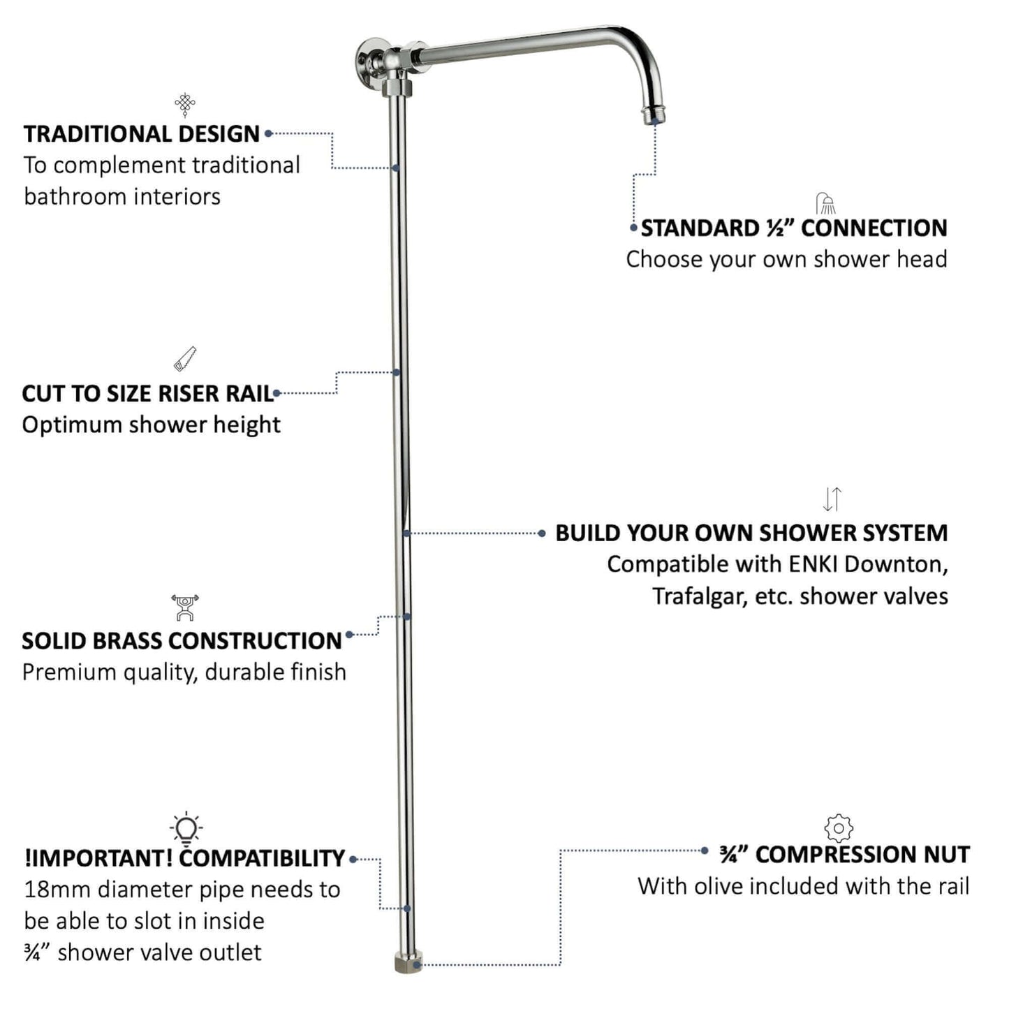 Buy Downton shower rigid riser rail traditional brass - chrome Online UK | HOUSE OF ENKI