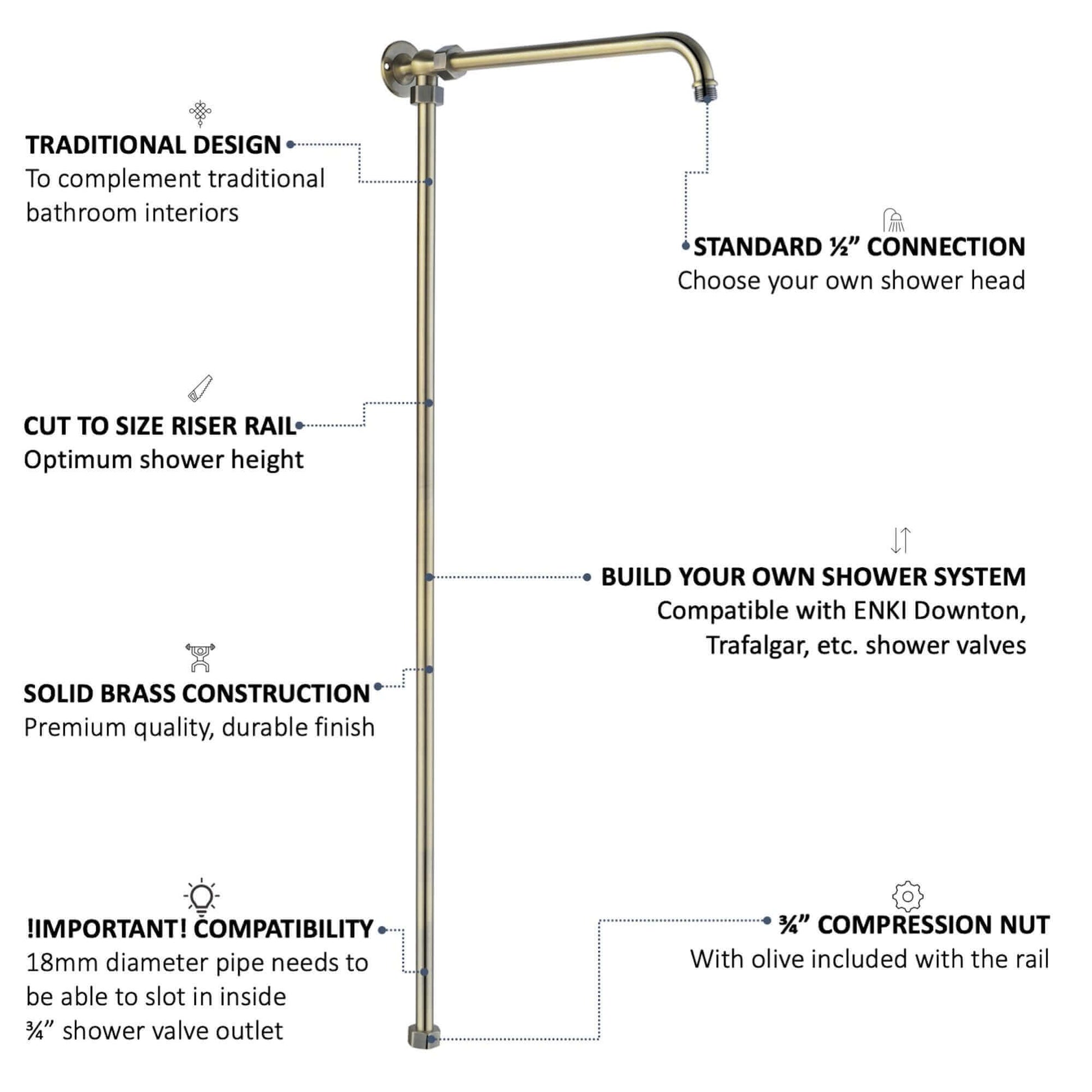 Buy Downton shower rigid riser rail traditional - antique brass Online UK | HOUSE OF ENKI