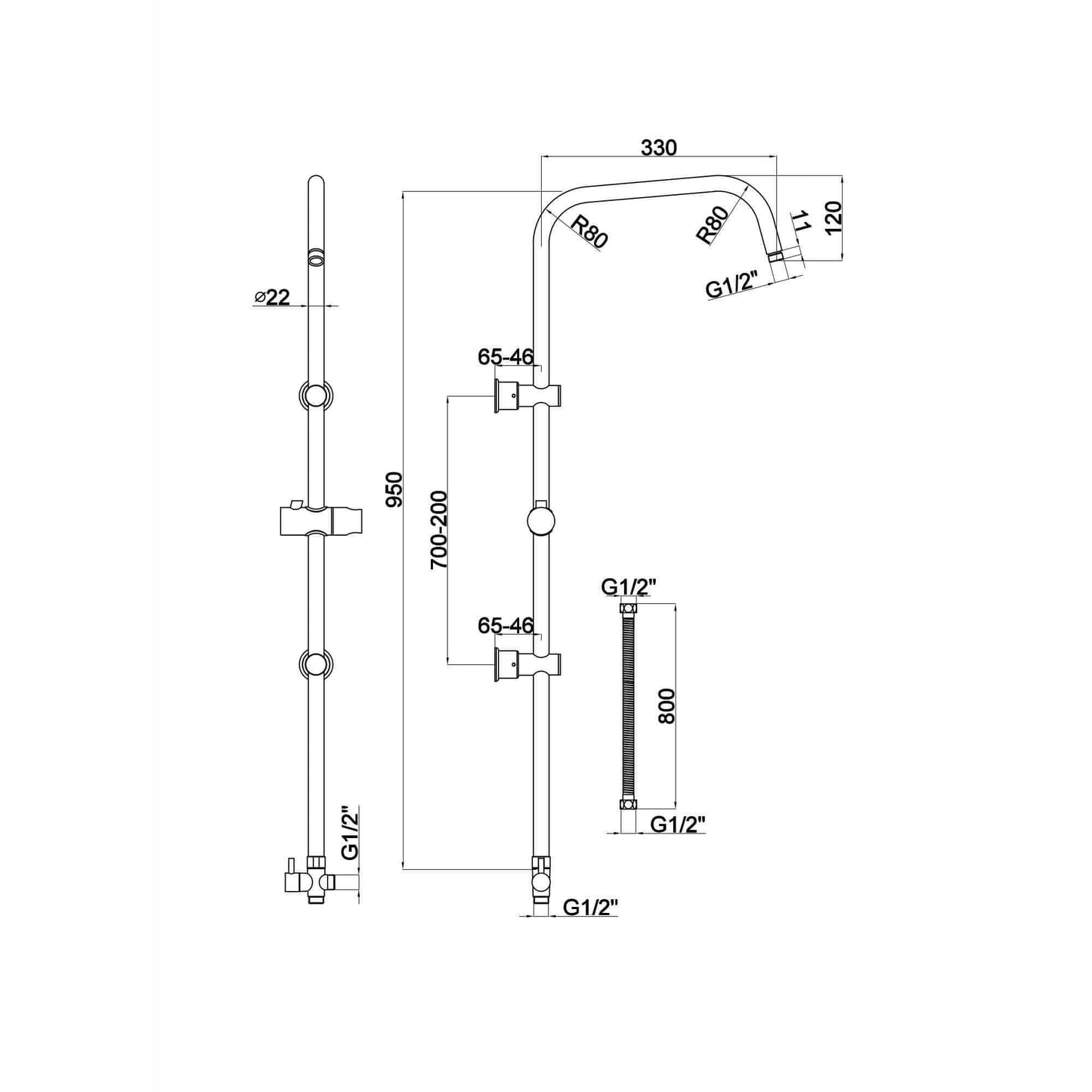 Buy Carre shower adjustable rigid riser rail angled with 2 wall brackets, handset bracket, diverter, connecting hose - black Online UK | HOUSE OF ENKI