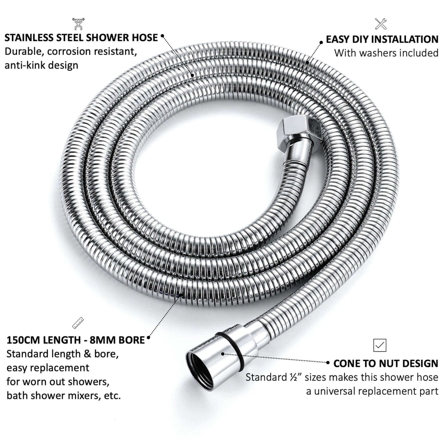 Buy Flex shower hose stainless steel 1.5m standard bore - chrome Online UK | HOUSE OF ENKI